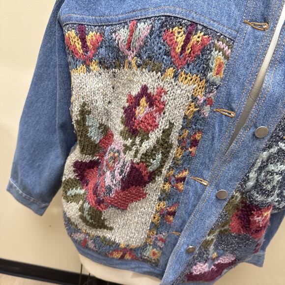 Vintage Together Denim Jacket L Floral Knit Appliqué Oversized 80s 90s Jean Coat - Picture 2 of 9